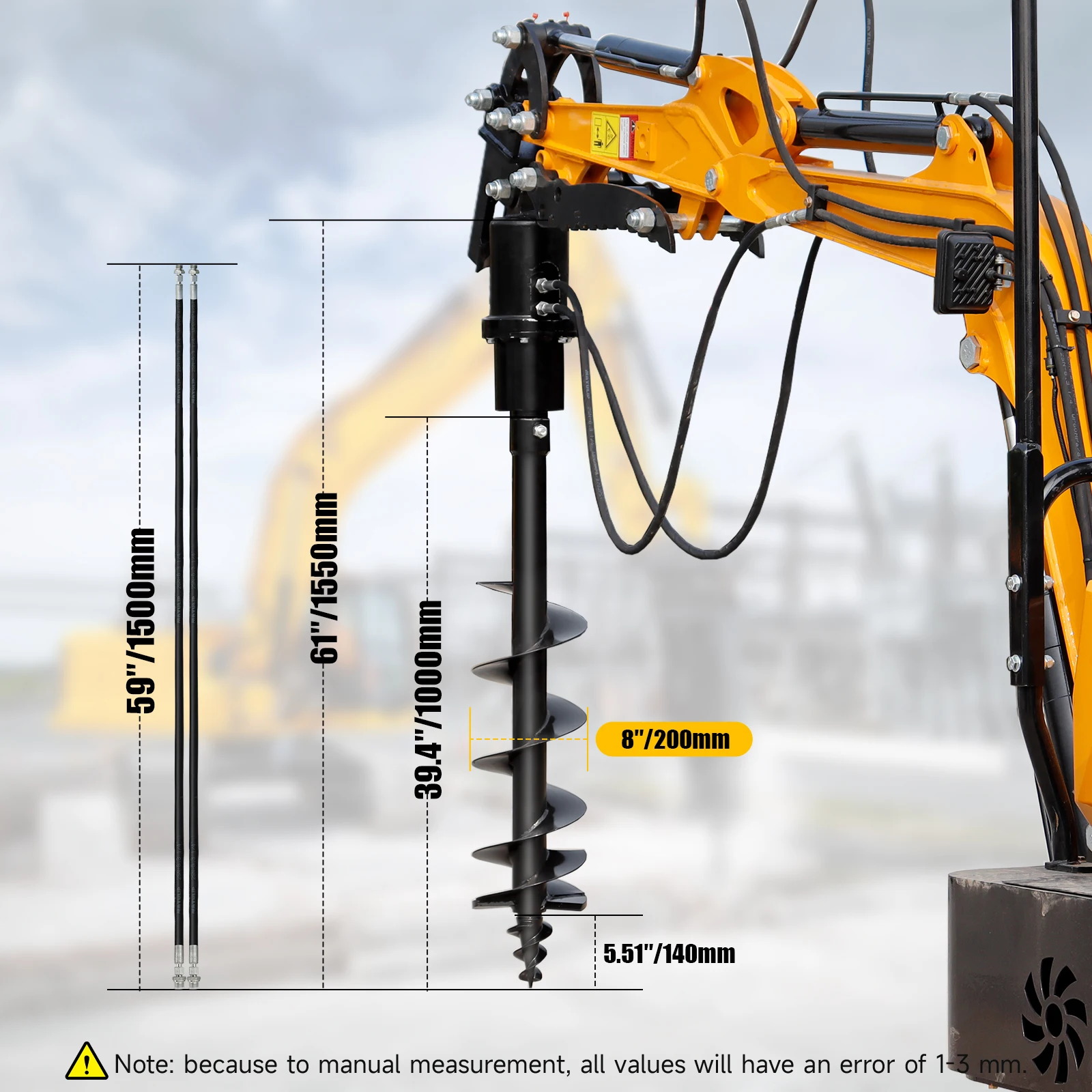 USA STOCK 200MM Auger Drill Rod Attachment for 1Ton-1.5Ton Mini Excavator Small Digger