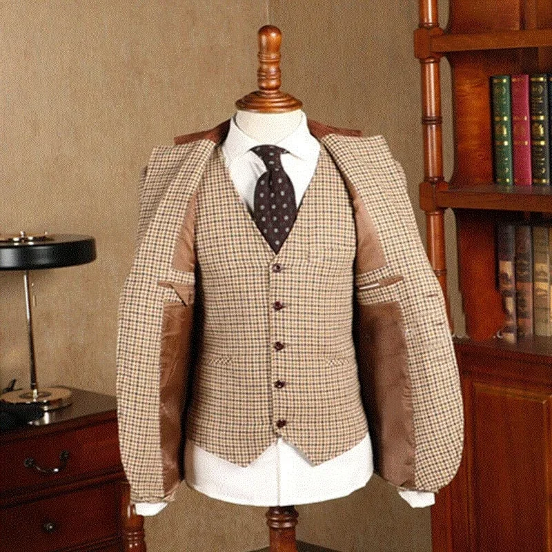 2021 Brauner klassischer karierter Tweed-Anzug für Herren, Slim-Fit, Bräutigam, Hochzeit, Smoking, Blazer, männlich, formelle Business-Jacke, Weste,