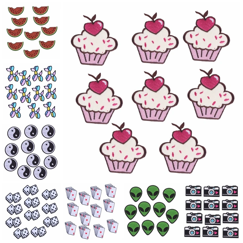 10PCS Wholesale Patches Cup Cake Iron On Embroidery Patches For Clothes Cartoon Clothing Irons Sewing Accessories Fusible Patch