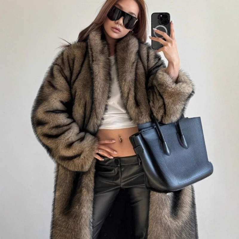 

Новая европейская и американская шуба из искусственного меха с удлиненным зеленым фруктовым воротником, модная шуба из искусственного лисьего меха, пушистая