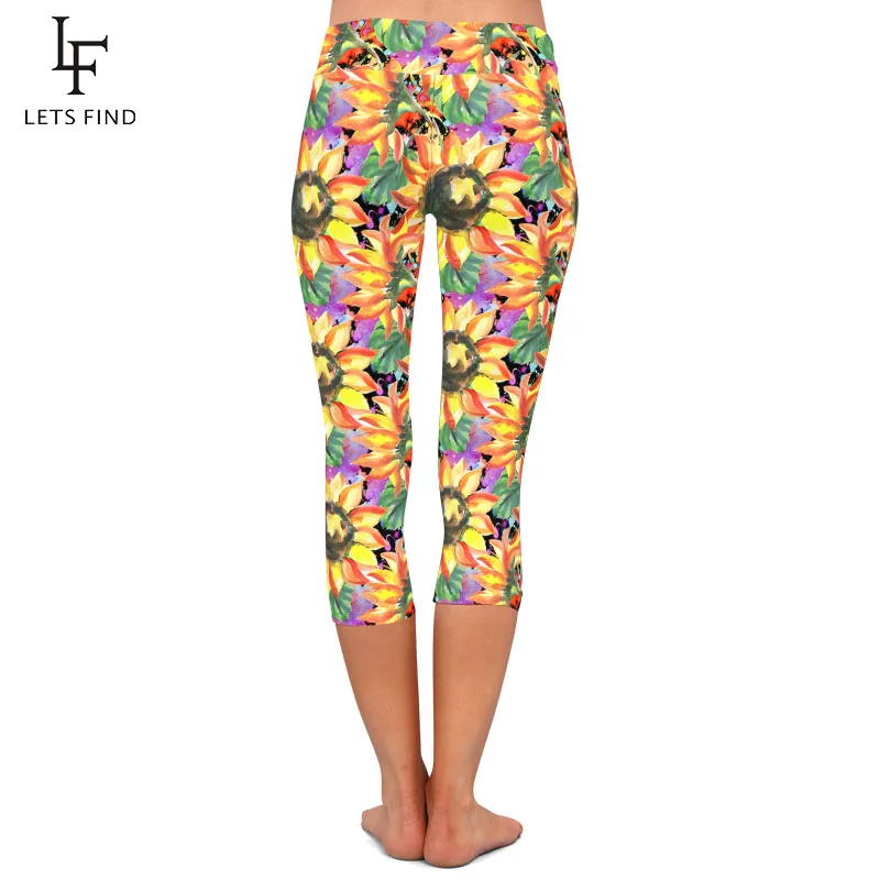 LETSFIND 2021 New 3D Watercolor Sunflower Digital Print Capri Leggings  Women High Waist Elastic Silm Leggings