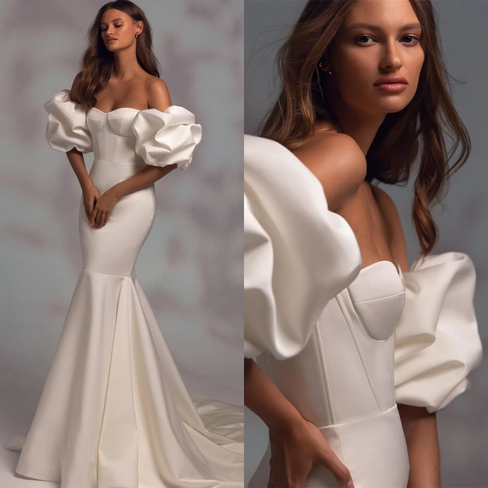 カスタマイズされたホワイトサテンブライダルドレス気質ストラップレスオフショルダーウェディングドレスチャペルトレインジッパーバックマーメイドドレス