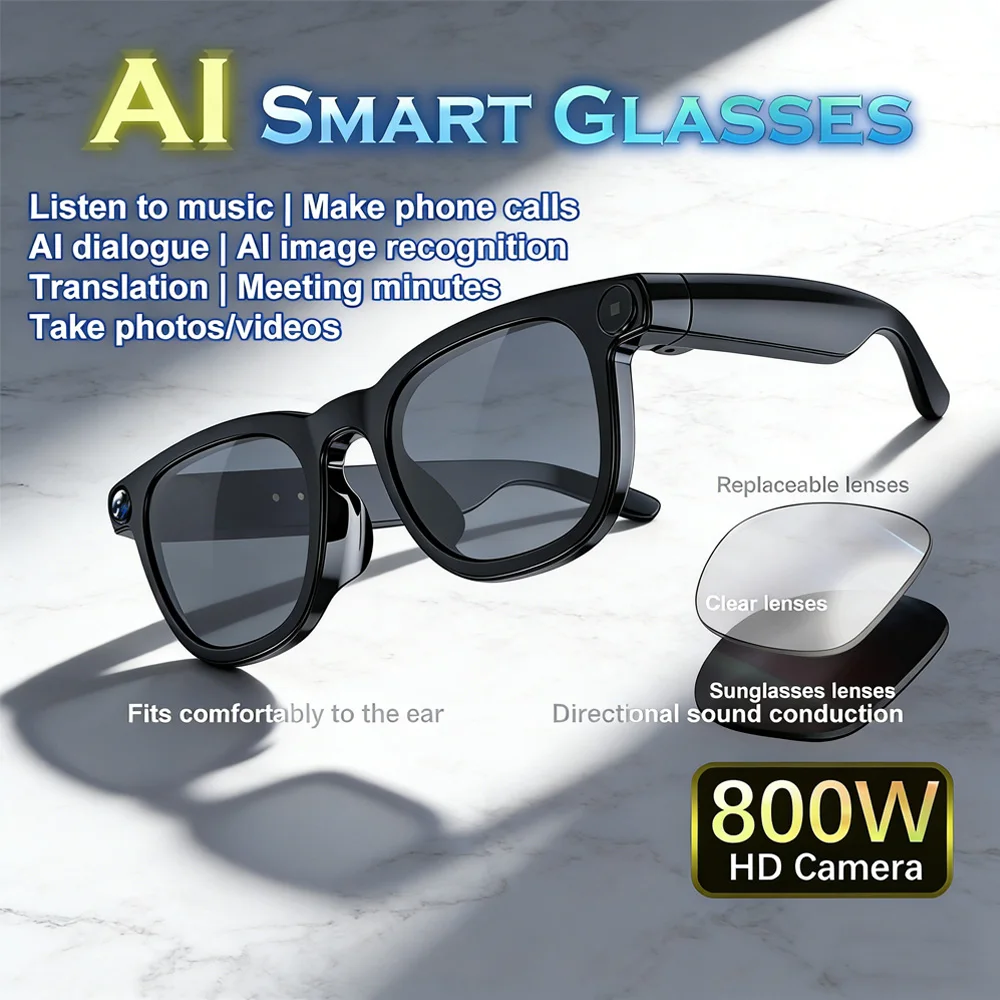

Умные очки AI, 8 МП, Cam Rec, 100+ Lang Translator, BT Call Music, солнцезащитные очки унисекс 2026