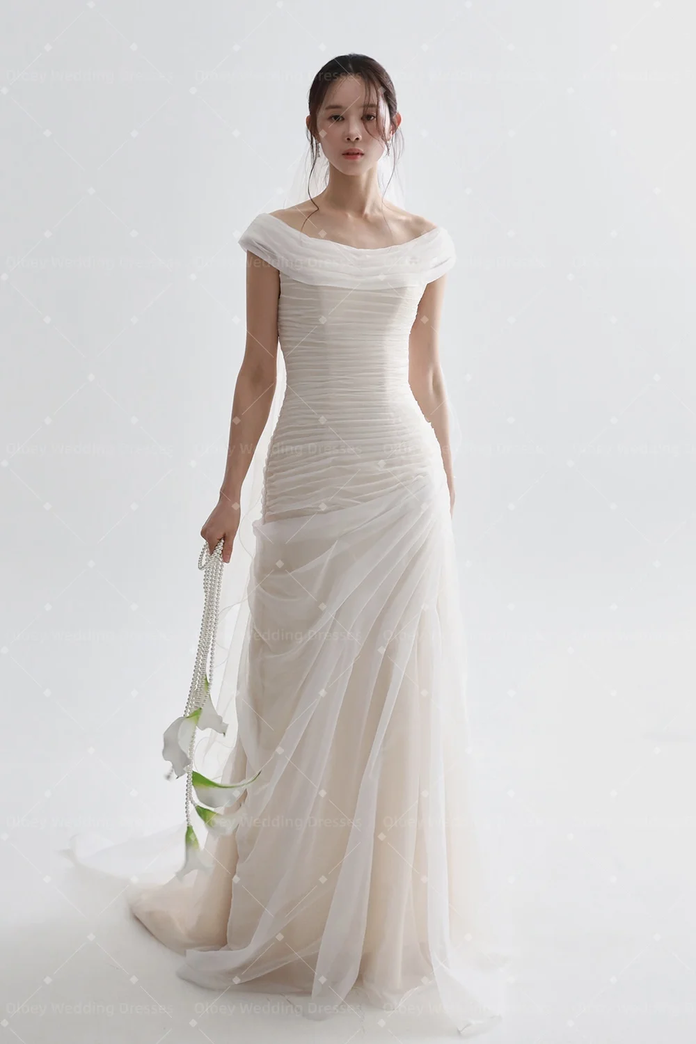 Oloey Customized Ivory Wedding Dress Off Shoulder Ruched Tulle Mermaid Bridal Gowns Korean Civil Ceremony Vestidos