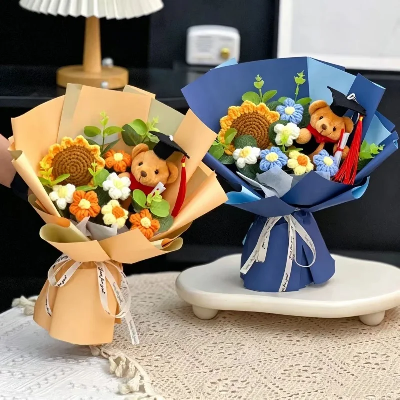 

Graduation Crochet Flower Bouquet Teddy Bear With Sunflowers Artificial Flowers Preserved Flowers Birthday Gradation Bouquets