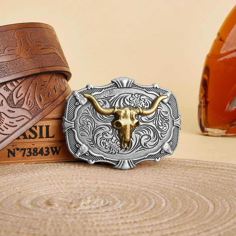 Men's Vintage Western Cowboy Leather Belt - Men Waist Straps Long Horn Bull Head Buckle Embossed Floral Engraved for Jeans