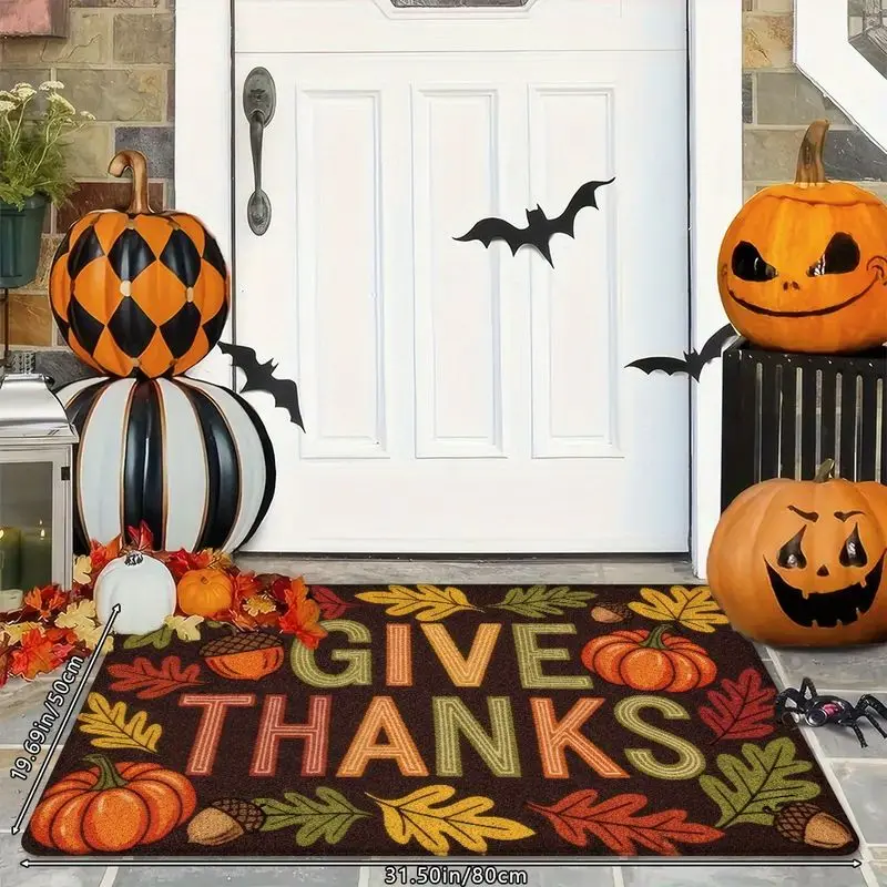 VIKAMA Thanksgiving Doormat, Autumn Pumpkin and Maple Leaf Non-Slip Entryway Mat, Harvest Holiday Rug, Home Decor