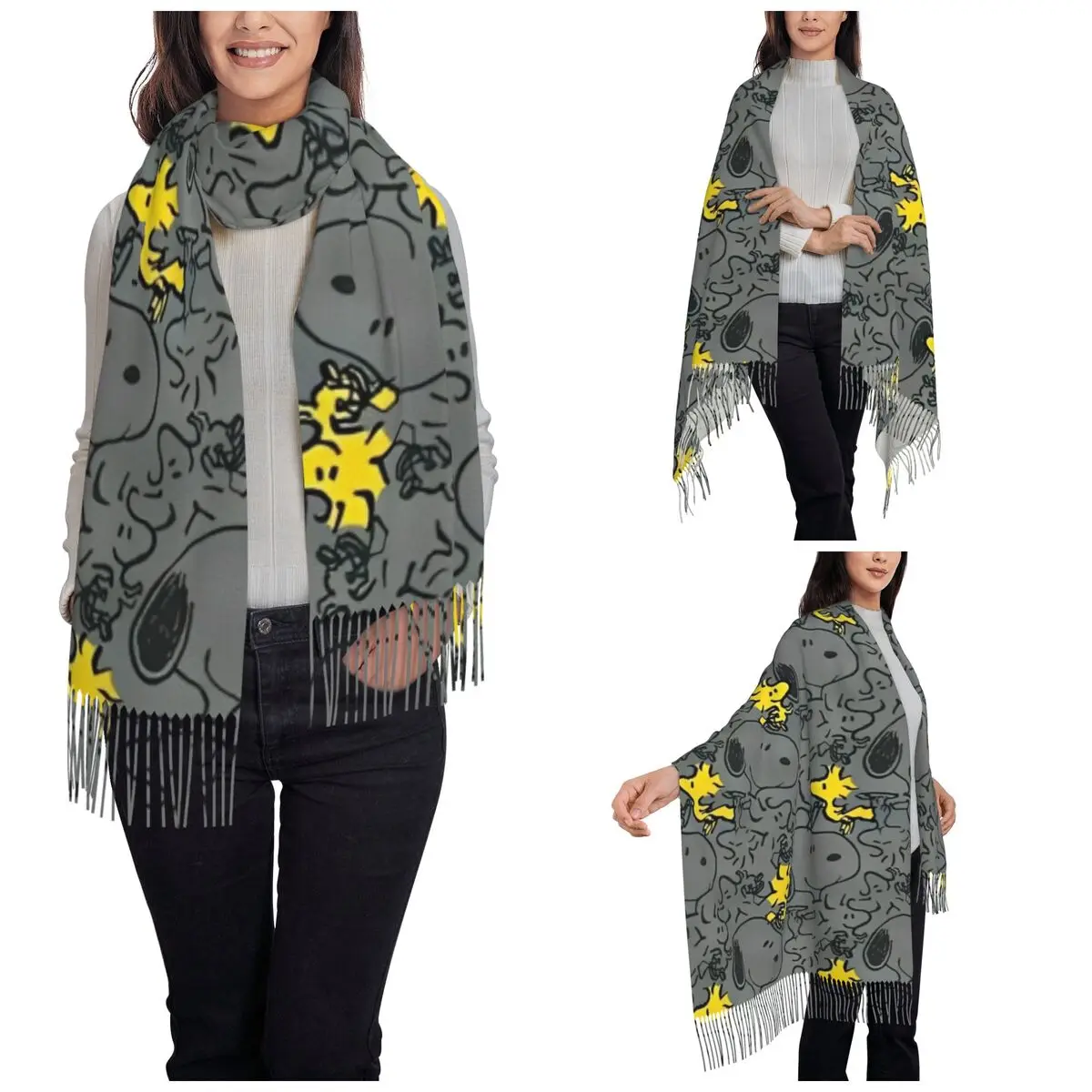 Peanuts Snoopy Woodstock Scarf Womens Fall Winter Cashmere Shawls Wrap Cartoon Cute Long Large Scarves with Tassel Daily Wear