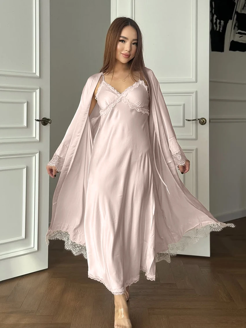 

Marthaqiqi Lace Women'S Nightgowns Suit Long Sleeve Robe V-Neck Bathrobe Spaghetti Strap Pajamas Ankle-Length Dress Home Clothes