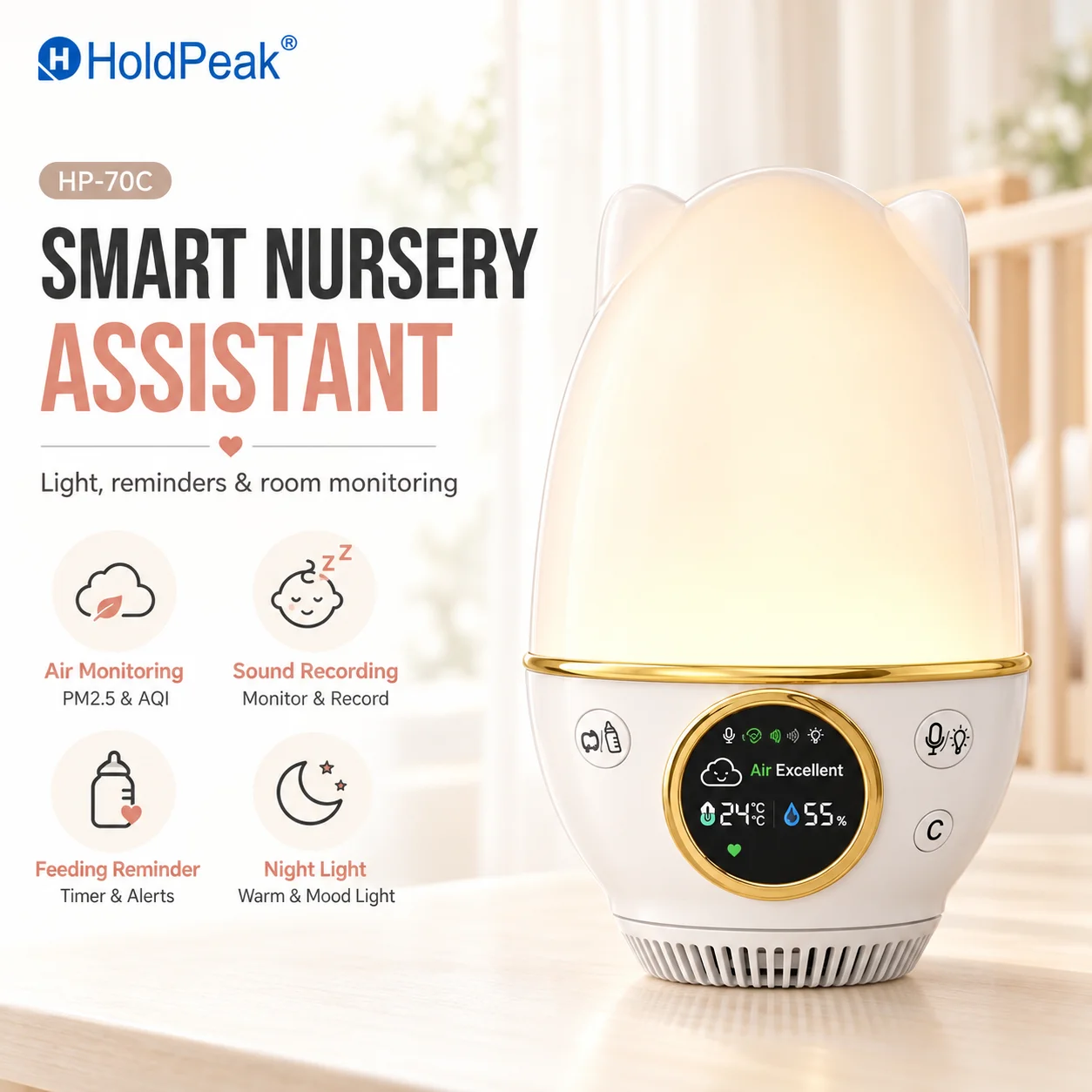 Baby Nursery Temperature - 5-in-1スマートベビーモニター、CO2/AQI/PM2.5用空気質測定器、授乳リマインダーと子守唄付きナーサリーナイトライト