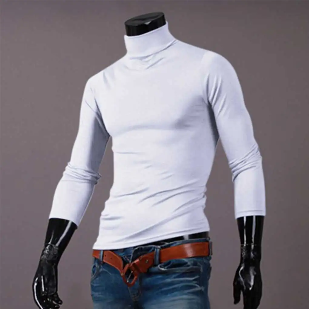 Man Thermal Underwear Tops Turtleneck Long Sleeve Pullover Soft Home Office School Sleep Slim Shirt Male White