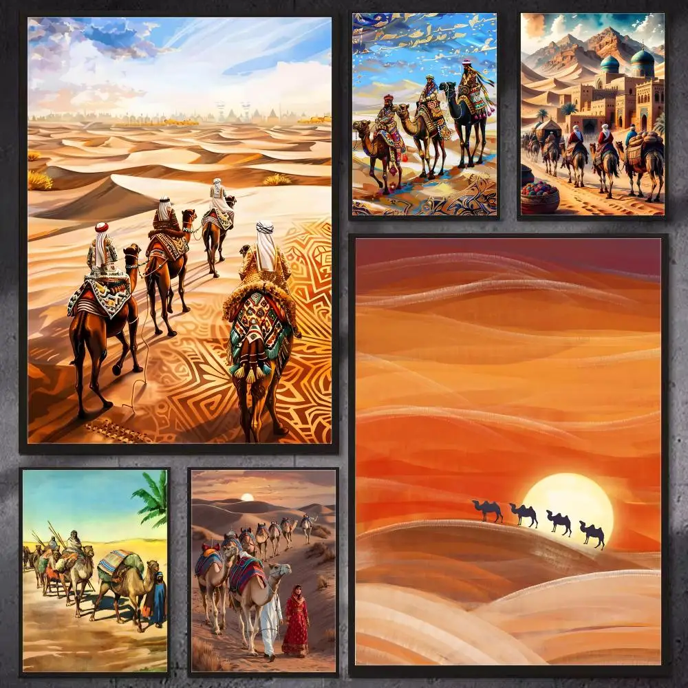 Ancient Silk Road Camel Caravan Desert Wall Art Canvas Print, Sunrise Landscape Travel Poster, Home Decor Aesthetic Art
