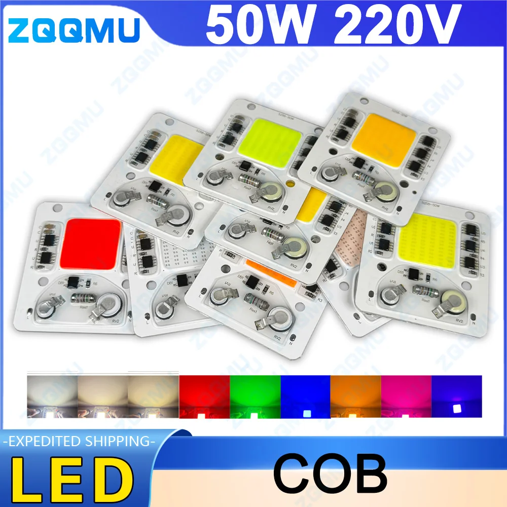 LED COB 50W AC 220V White Red Blue Green Yellow Pink Purple Smart IC High Power Driver IC Lamp Bead Floodlight LED Chip