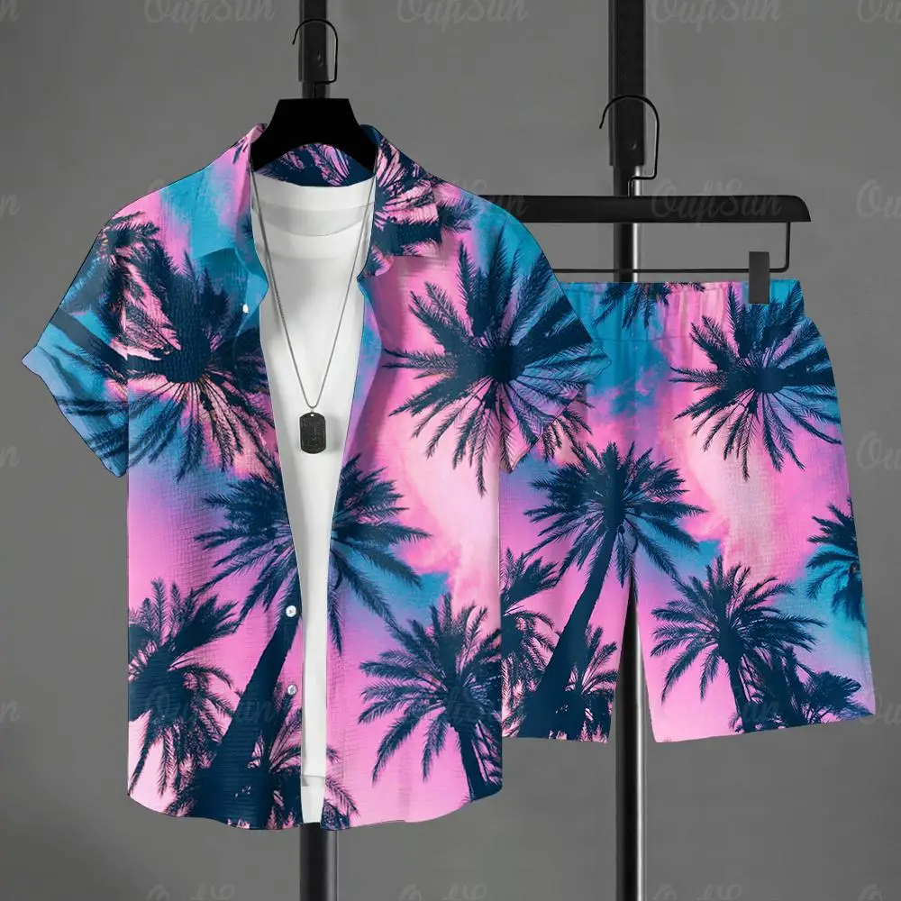 3D Hawaiian Plants Shirt Set Men's Short-sleeved Shirt Summer Short-sleeved Shirt Beach Short Men's Suit Street Casual Y2k Short