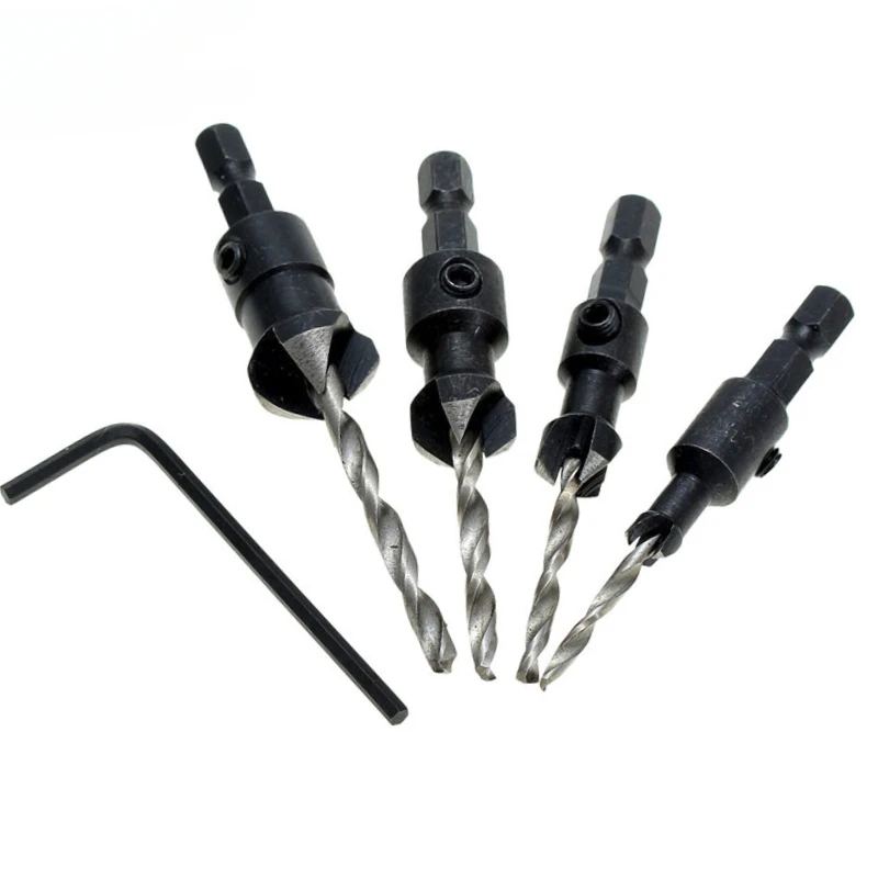 4pcs Carpentry Countersink Drill Bit Set HSS Drill Woodworking Tools #6 #10 #13 #16 Wood Drilling for Hard Wood and Wood Floor