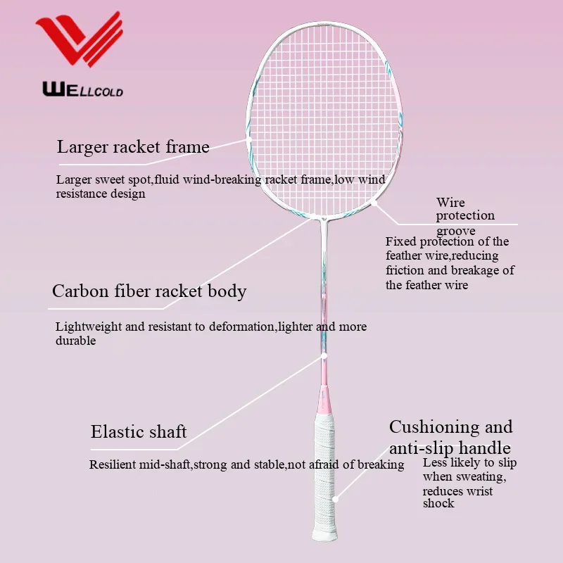 مضرب كرة الريشة من ألياف الكربون الوردي للنساء، مضرب كرة الريشة الاحترافي خفيف الوزن، مضرب كرة الريشة الهجومي والدفاع