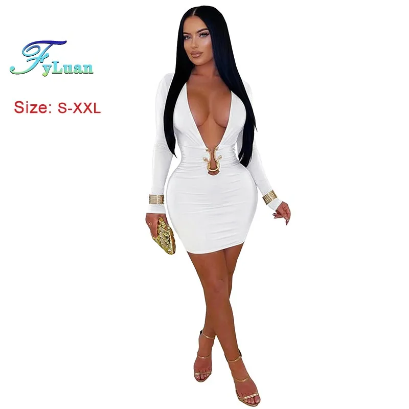 Mini abito sexy Moda Abbigliamento donna Abito aderente a maniche lunghe con scollo a V profondo Tinta unita Abito medio da donna Abito da festa in discoteca