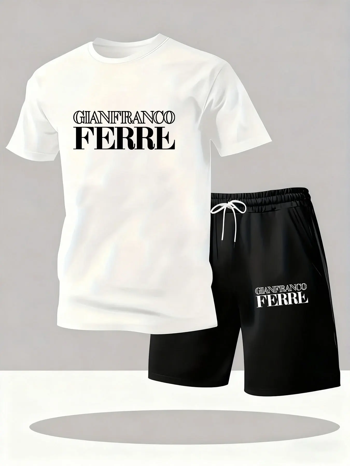 

A men's two-piece trendy casual outfit, featuring a round-neck short-sleeved T-shirt and drawstring shorts for summer sportswear