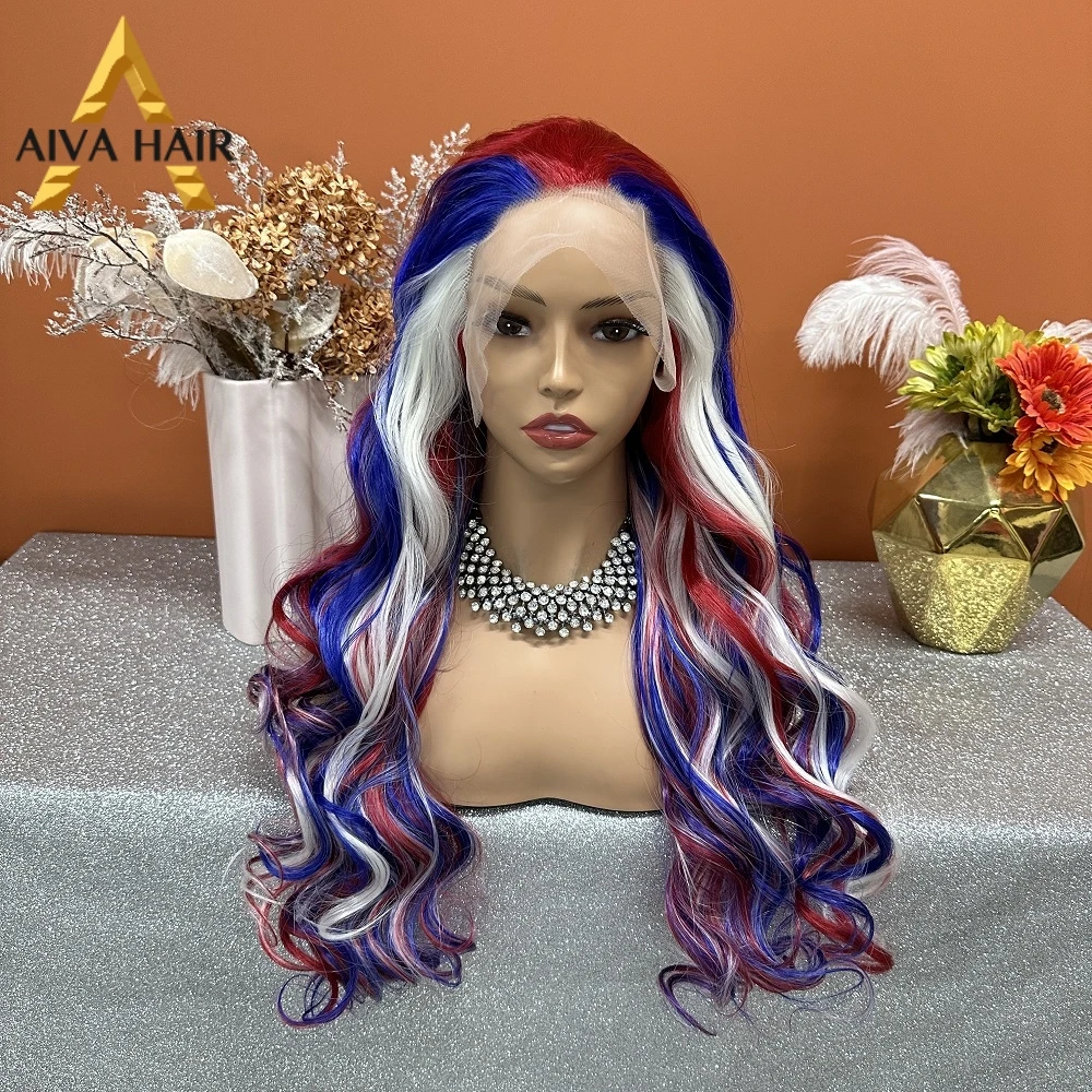 

Highlight Blue Color Synthetic 13x4 Lace Front Wig Body Wave Heat Resistant Drag Queen Cosplay Wigs For Women Pre Plucked 180%