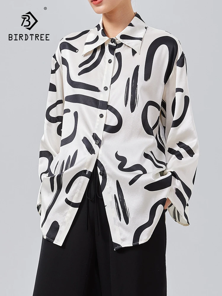 BirdTree, 90%Real Silk Elegant Shirt, Women Long Sleeve Design Inspired Print, Versatile OL Casual Blouses, 2024 Summer T45660QC