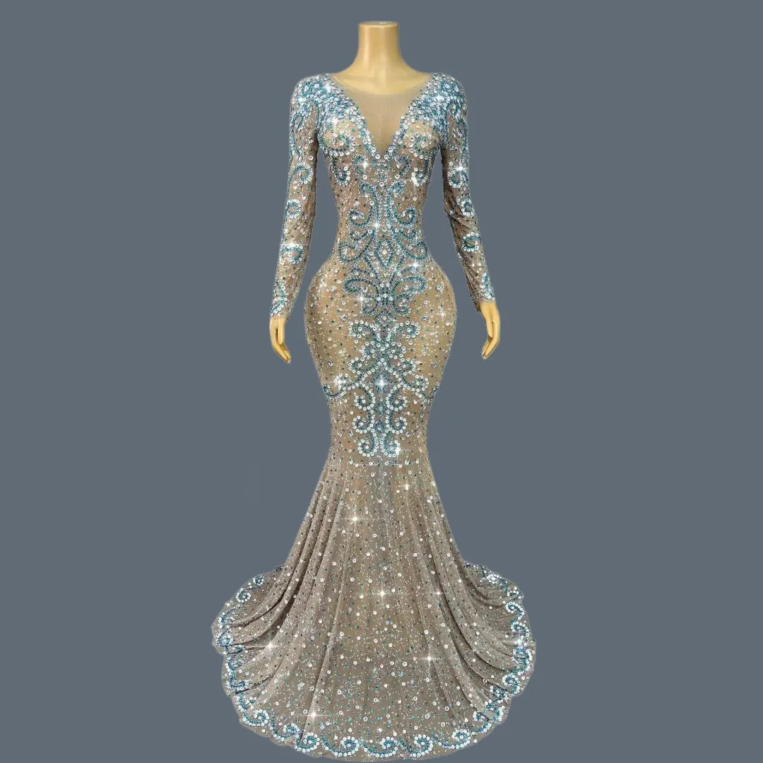 

Luxury Event Party Bar Sparkly Rhinestone Floor-length Dress Sexy Women Chic Outfit Prom See Through Mesh Evening Gown Shuixiliu
