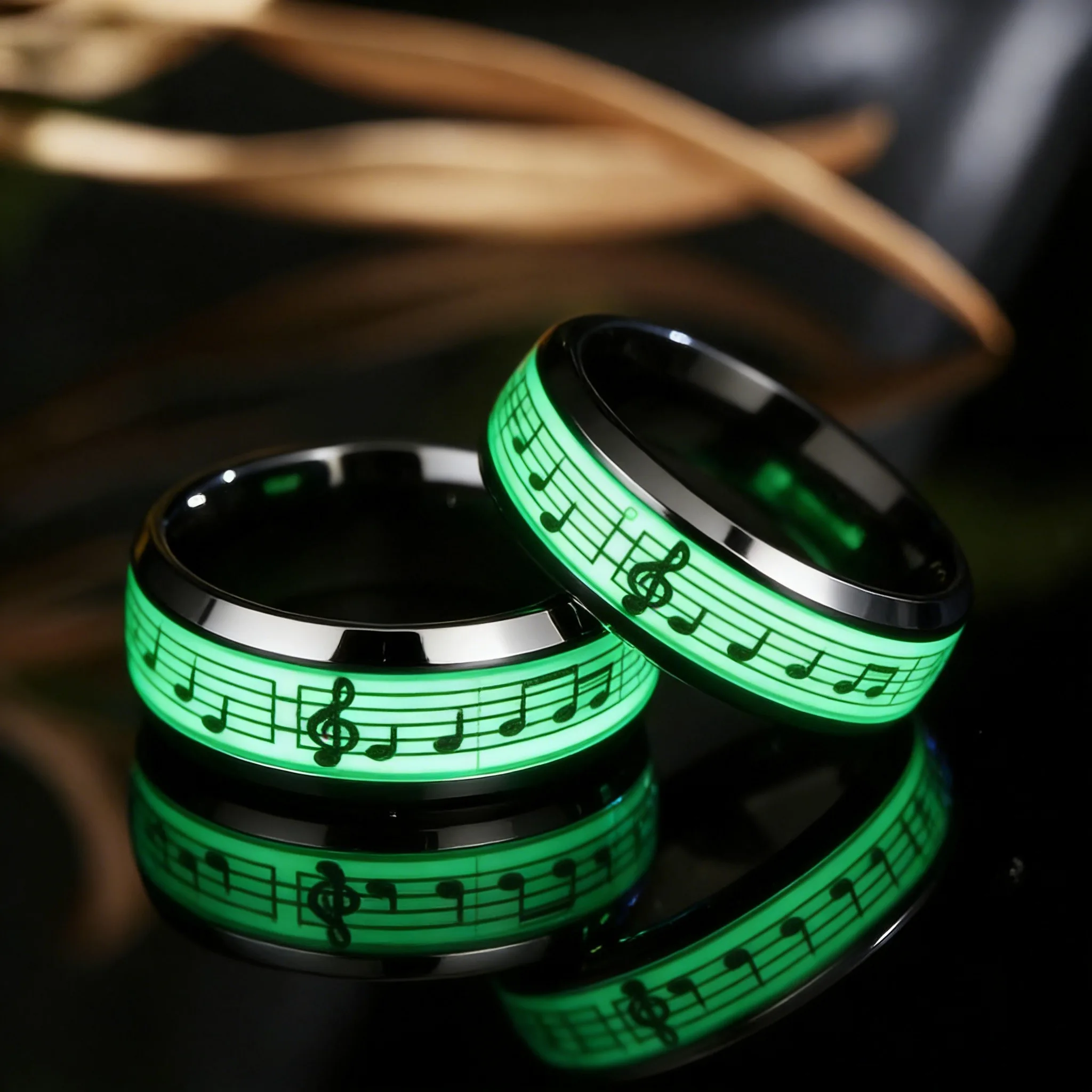 Stainless Steel Ring, Glowing In Dark Luminous Rings, Music Stave Pattern Rings for Men Women, Fashion Wedding Bands Jewelry