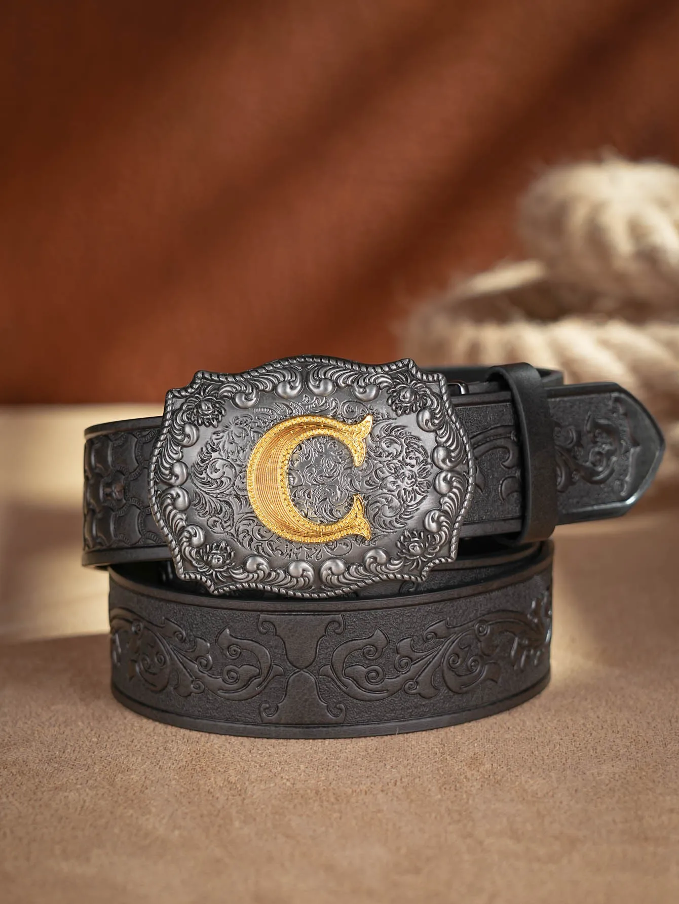 Western Cowboy PU-Ledergürtel – Herren-Hüftgurt, Stier-Dekoration, Blumenmuster, graviert für Jeans – Detail 5