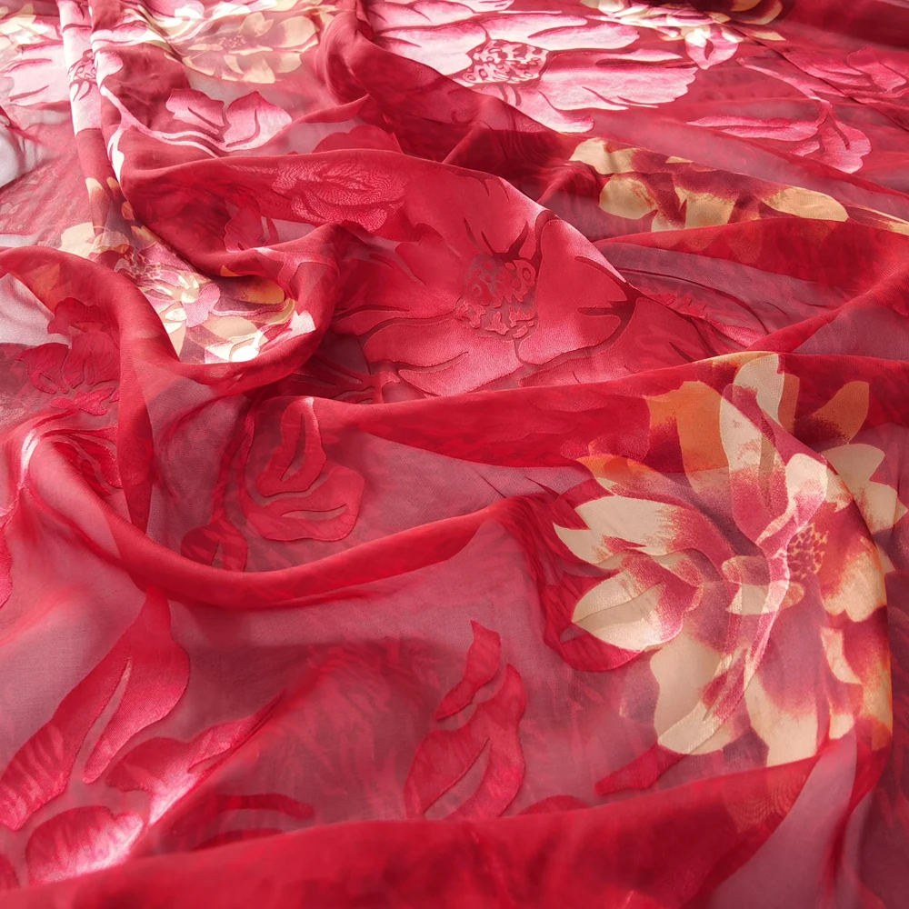 1 meter X 1.05 meter Elegant 3D Burnout Silk Fabric Wedding Dress Material Silk Viscose Red Violet