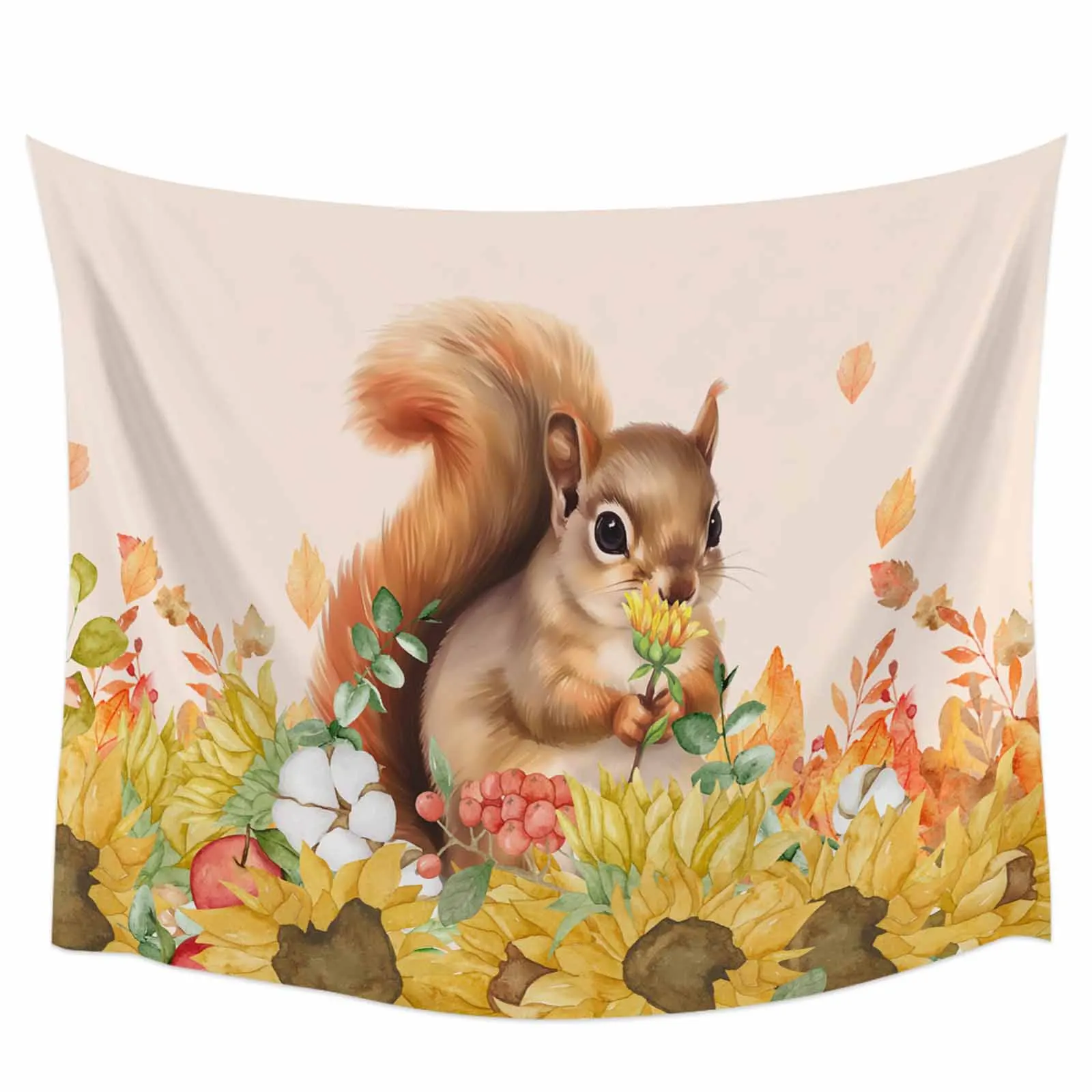 Autumn Watercolor Squirrel Sunflower Tapestry Wall Hanging Custom Boho Decoration Wall Tapestry Home Decor Hanging Cloth