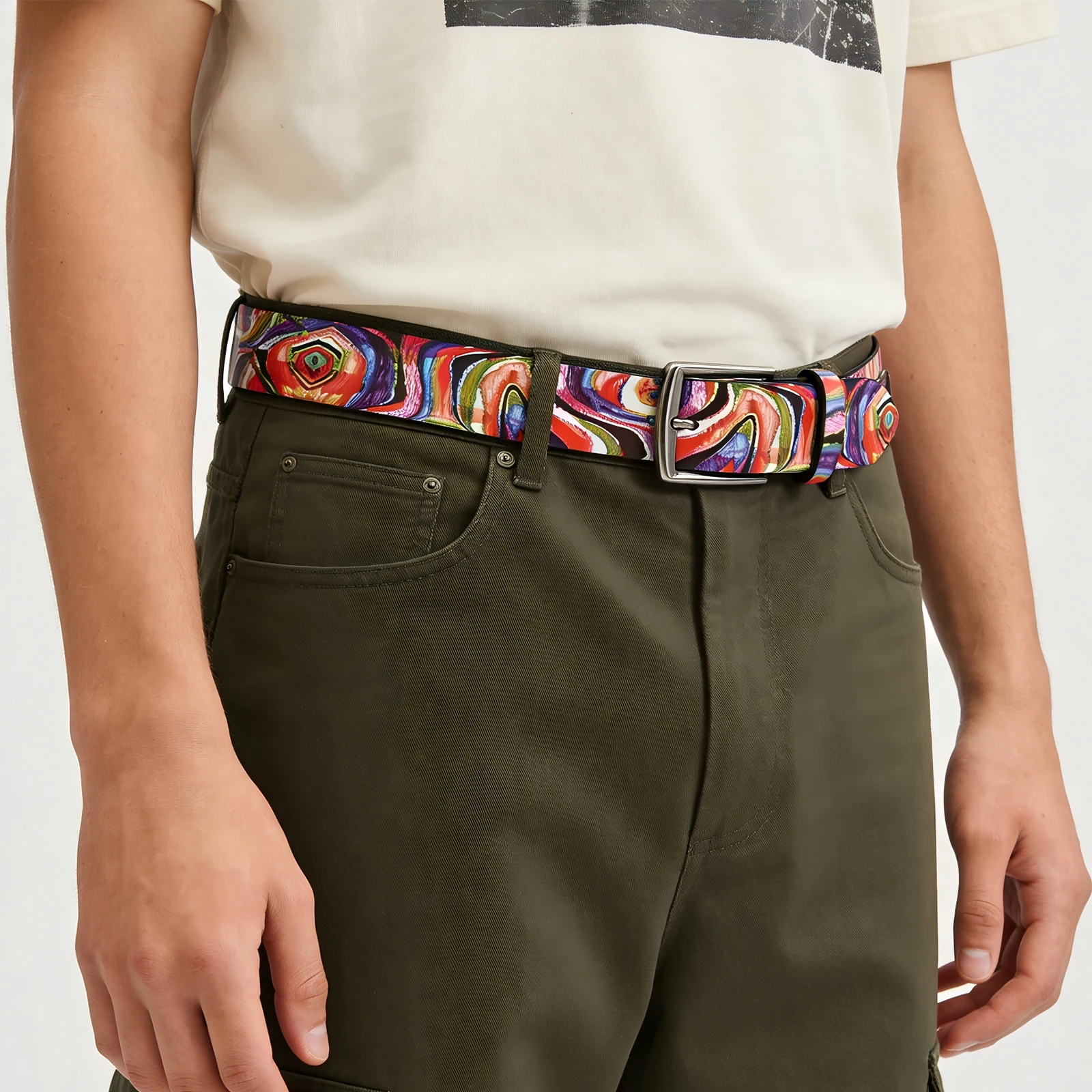 

Glamorous Artistic Graffiti Rainbow-Print Belt for Women Punk Buckle PU Belt y2k Hip Hop Western Cowboy Cowgirl Waistband