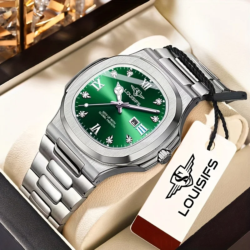 고급 남성용 쿼츠 시계 |   스테인리스 스틸 밴드, 블루 & 골든 액센트, 날짜 표시 - 백팩 C가 포함된 캐주얼하고 우아한 시계