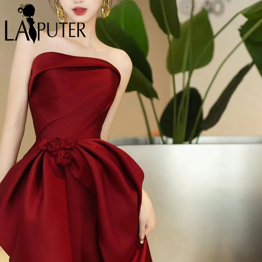 Red Column Evening Dresses Off Shoulder Strapless Neck Tea Length Party Big Bow Knot Satin Prom Gown