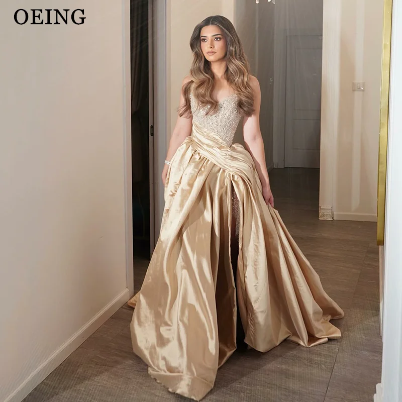 

OEING Elegant A-Line Prom Dresses Satin Beading Sleeveless Pleats Party Gowns Floor Length Side Slit Evening Dress Customized