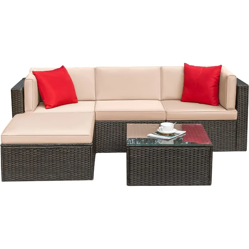 

Patio Conversation Set Wicker Rattan Furniture Outdoor Sofa with Cushions,Pillows & Glass Table for Porch,Lawn and Yard,Beige