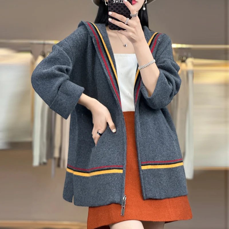 New Women\'s 100% Merino Wool Coat Casual High grade Knitted Cardigan Women\'s Hooded Sweater Long Wool Coat Autumn and Winter