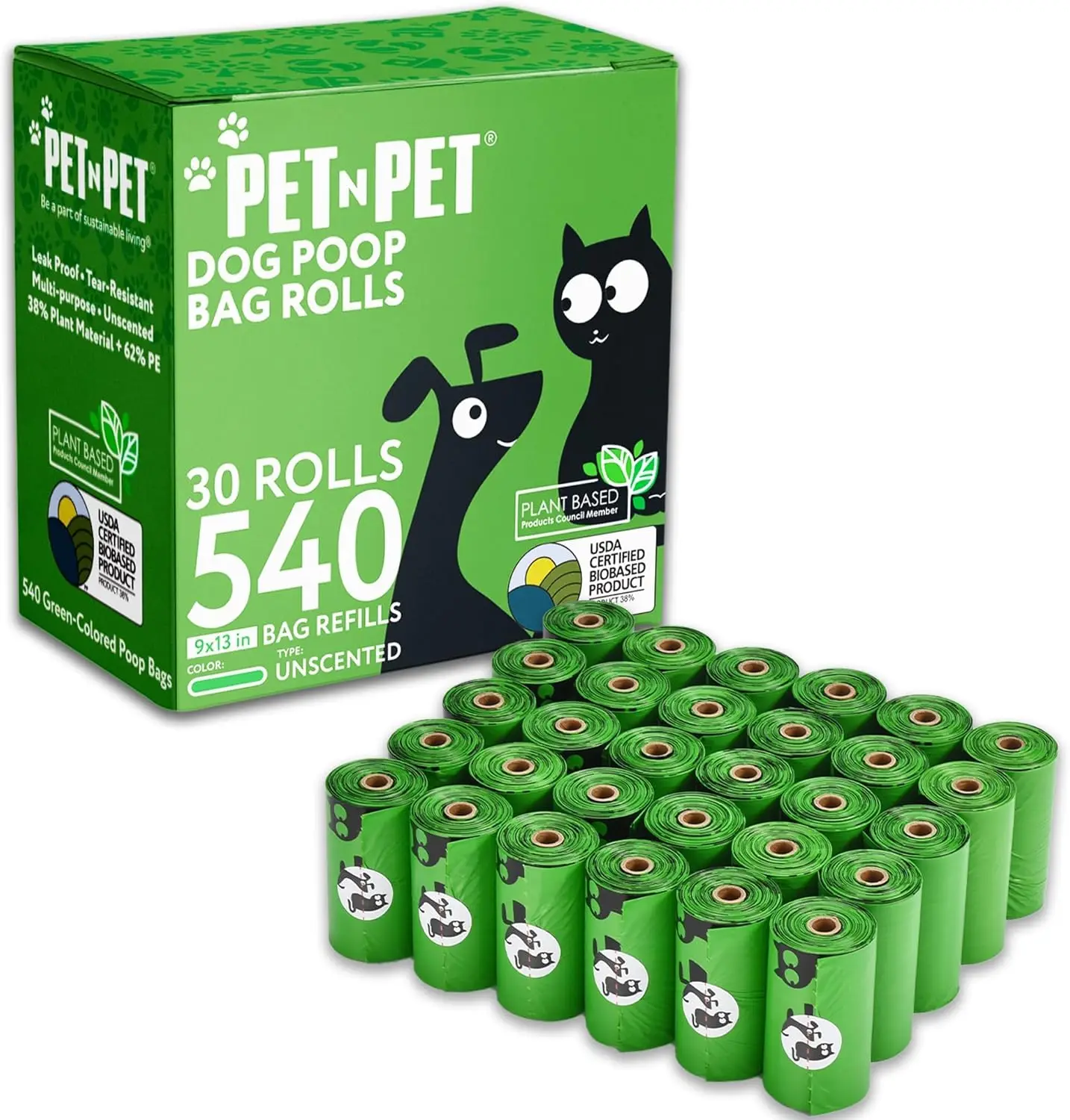 540 Plant-Based Dog Poop Bags, Extra Thick & Leak-Proof, 9x13 Unscented Waste Rolls for Easy Cleanup