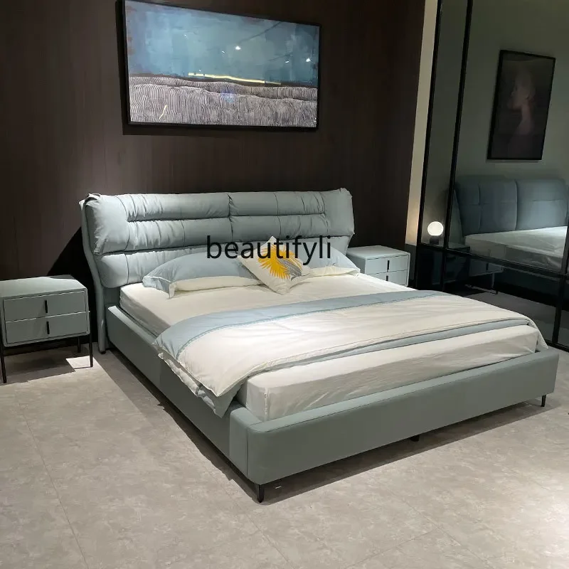 

zqxLeather Double Bed Marriage Bed Bed in Master Bedroom First Layer Cowhide Simple Italian Villa Designer Model