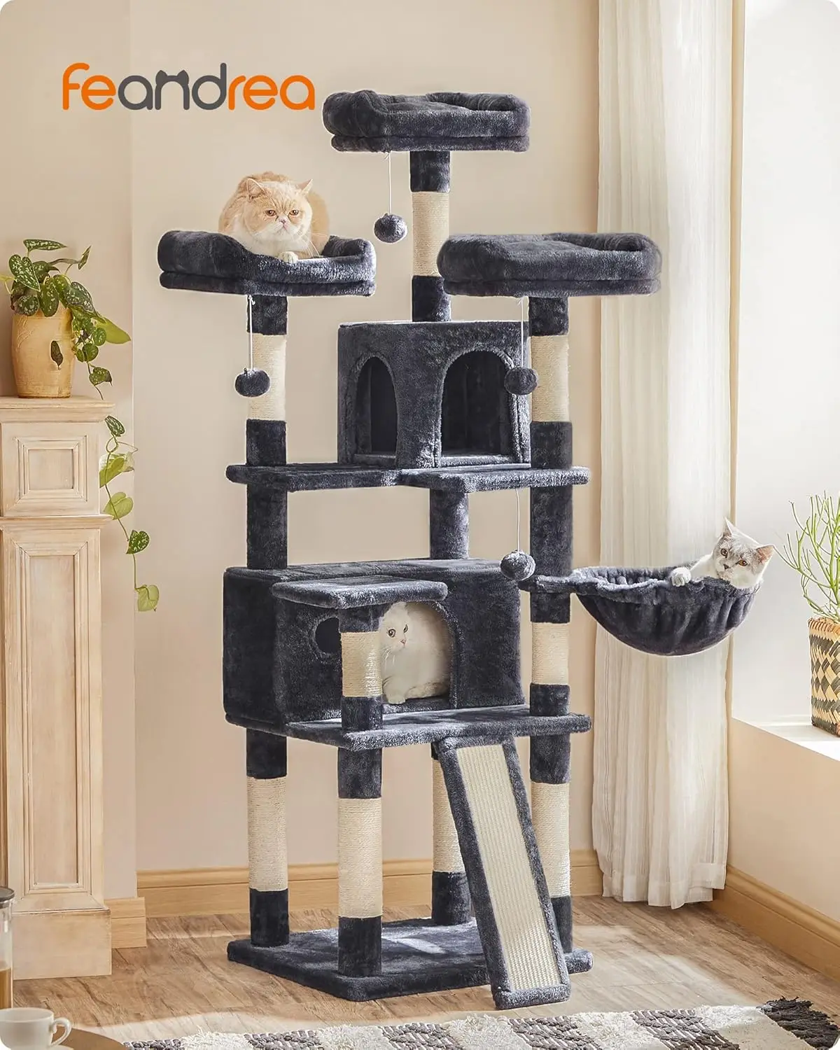 Cat Tree, Large Cat Tower, Cat Condo with Scratching Posts, Board, 2 Caves, 3 Plush Perches, Activity Center, 66.5 Inches