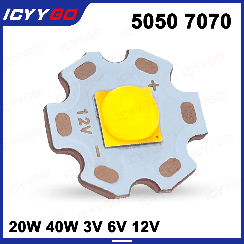

1PCS LED 20W 40W High Power 5050 7070 LED Lamp Beads 3V 6V 12V White Light Warm White 20MM Welding Copper plate