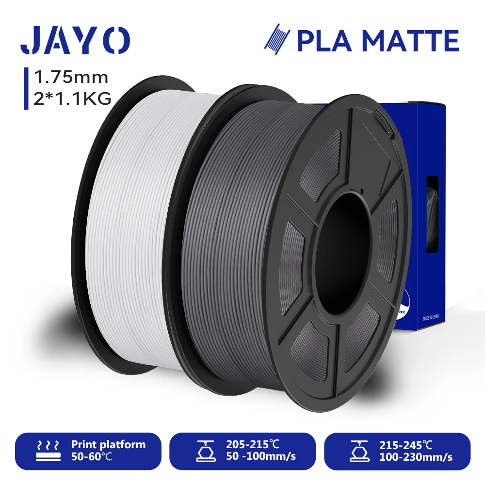 JAYO 2 Rollen 3D-PLA-Mattdrucker-Filament, 1,75 mm, ordentlich gewickeltes PLA-Filament mit mattem Finish-Druck mit 99 % FDM-3D-Drucker