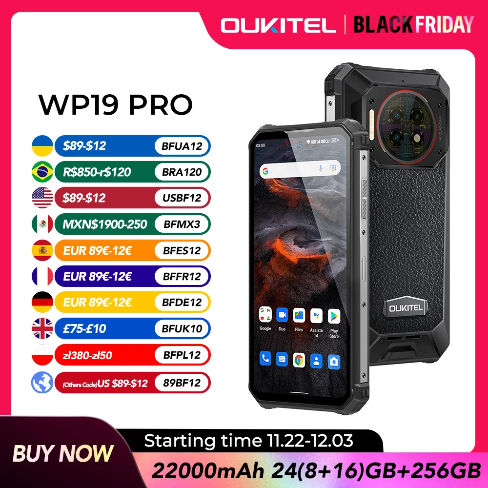 Oukitel WP19 Pro Rugged Phone 22000mAh 24GB 256GB Smartphone 64MP Camera Helio G99 Cellphone 120Hz Mobile Phone