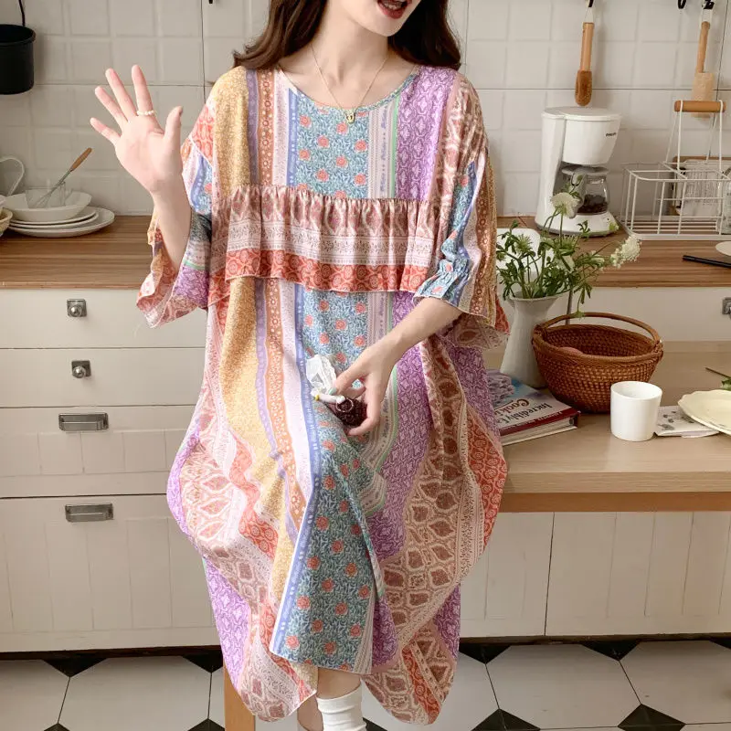 2024 New Anti-bumping Pure Cotton Sleepwear Women's Summer Silk Loungewear Floral Loose Comfortable Printed Nightdress