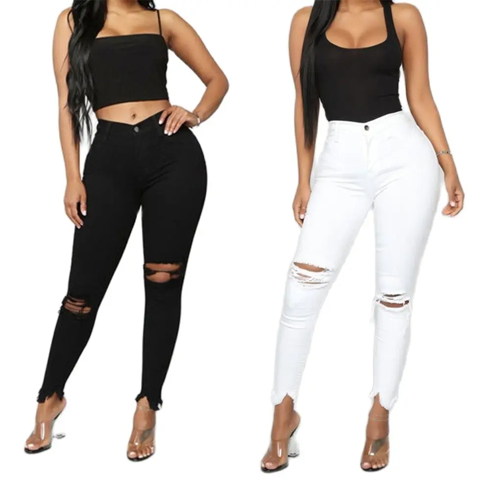 Black and White Ripped Jeans For women Slim denim Jeans Casual Skinny pencil pants Fashion Women's clothing S-3XL Drop Shipping