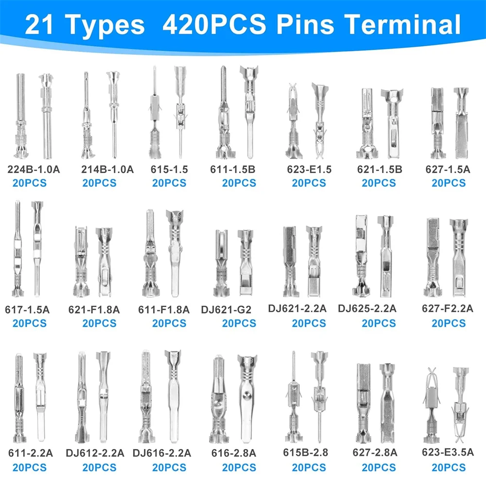 820pcs 1/1.5/1.8/2.2/2.8/3.5mm Connector Pins Terminal, Car Electrical Wire Terminal Male Female Crimp Pins Non-Insulated Plug