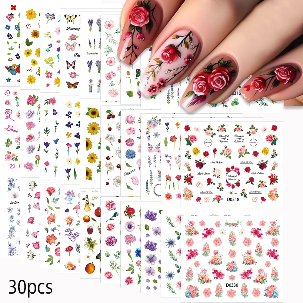 30Pcs Set Flower Butterfly Series Nail Art Sticker Rose/Lavender/Sunflower Plants Floral Nail Decals Y2K Manicure Decoratio Tips