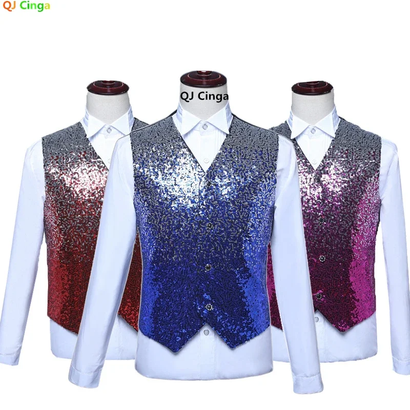 Blue Men's Shiny Sequins Decoration Vest, Wedding Party Dress Vests, Fashion Slim Fit Waistcoat, Red Purple Available,Asian Size