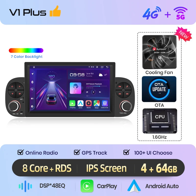 Junsun 7 "Draadloze CarPlay Android Auto Radio voor Fiat Panda 2013 2014 2015-2020 GPS Stereo multimedia WiFi 4G 8core RDS