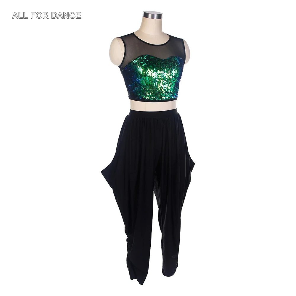 18037 Strój do tańca jazzowego, tap i hip hop dla dorosłych dziewcząt, zielony top z cekinami i siateczki z czarnymi długimi spodniami, kostiumy sceniczne