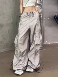 2024 Trendy Women Wide Leg Cargo Pants Street Vibes Flap Pockets Drawstring Ruched High Waist Parachute Pants Mujer