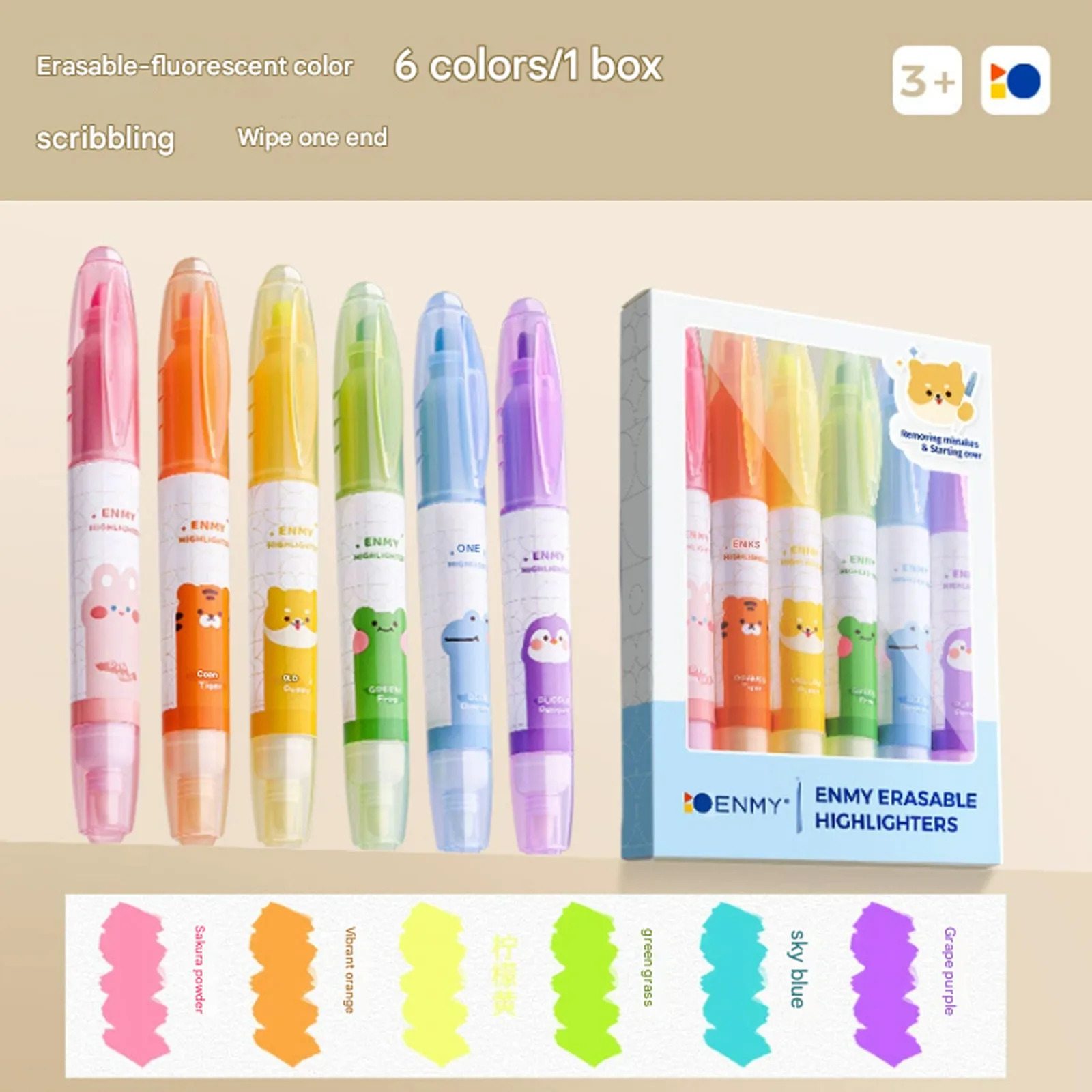 

Double-head Erasable 6-color Highlighter Marker for Student Notes Mark Handwritten Newspaper School Teachers Office Stationery